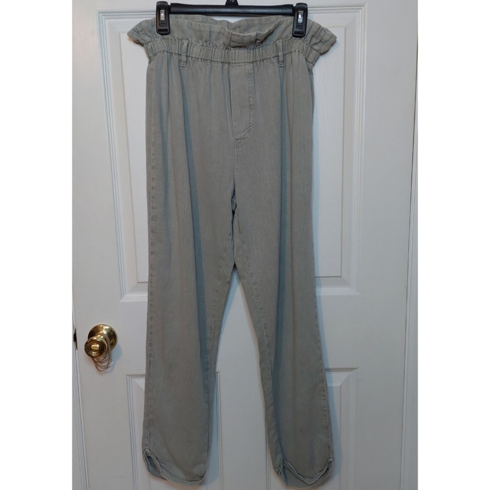 Zara Faded Green Paperbag High Waisted Lightweight Pants Elastic Waist Size 8